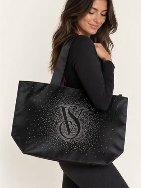 NWT Victoria’s Secret Black Bling Satin Tote Bag VS Sparkle Log